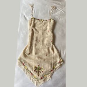 Mini Cream Vintage Dress with Floral Details and Handkerchief Hem